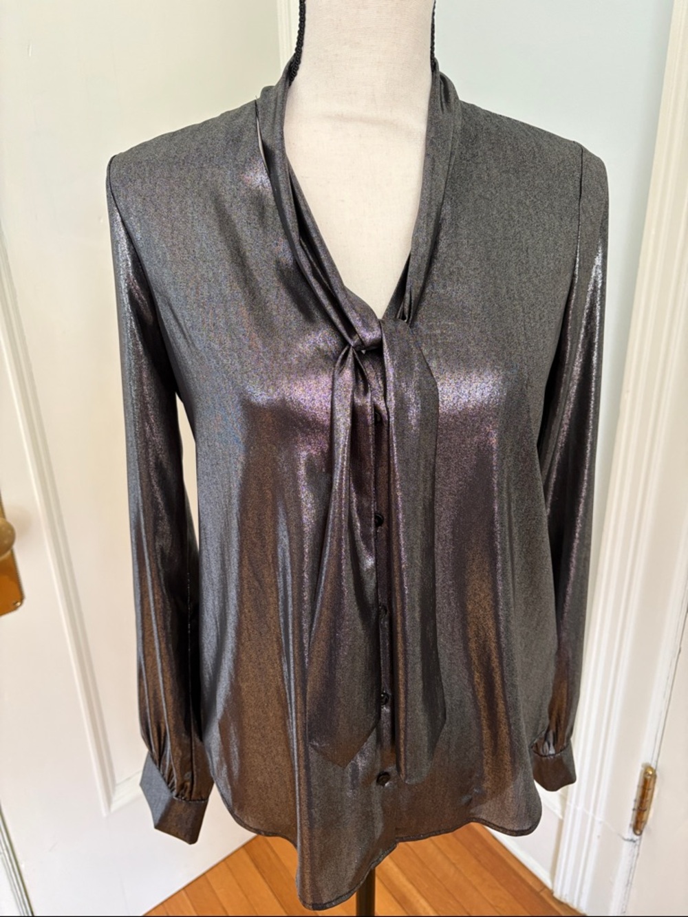 L'AGENCE Iridescent Gunmetal Tie-Neck Blouse